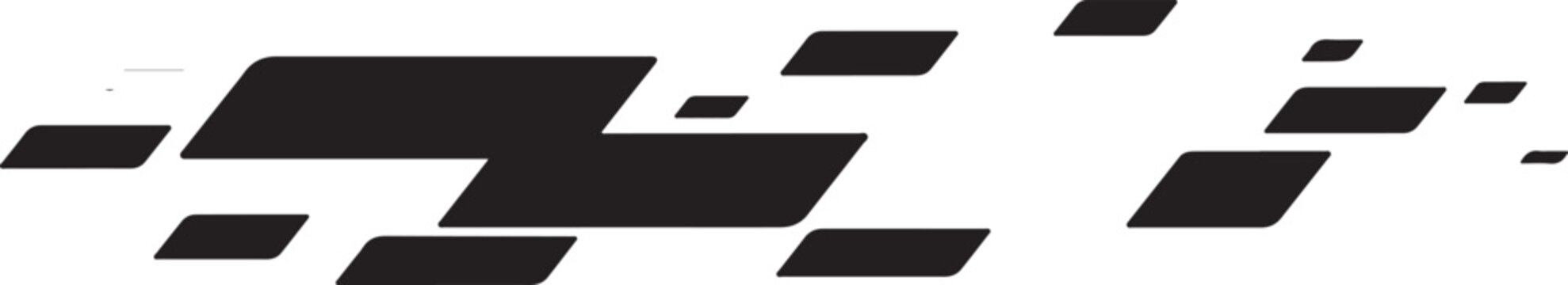 Abstract black geometric shapes and rectangles arranged in a dynamic speed motion pattern