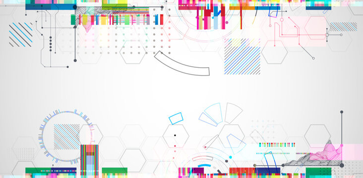 Abstract colorful background with different tech elements and lines. Color chaos. Vector illustration.