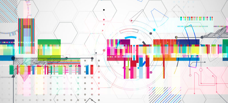 Abstract colorful background with different tech elements and lines. Color chaos. Vector illustration.