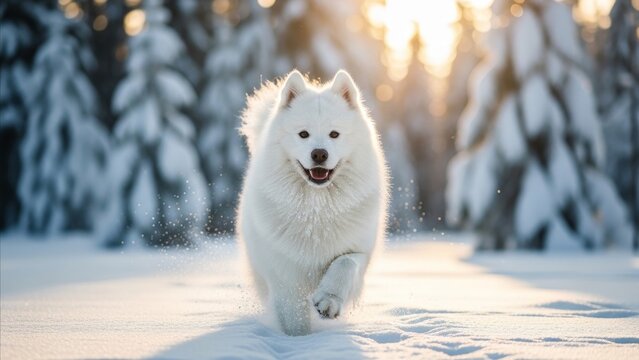 Animal - Fluffy White Samoyed Dog Running Joyfully Through Deep Snow in Sunlit Winter Forest