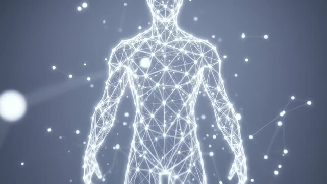 Digital representation of a human body as a glowing network of interconnected lines and dots, illustrating technology and scientific concepts.
