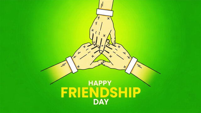 Three hands joined together line art illustration with happy friendship day text on vibrant green background for unity concept.