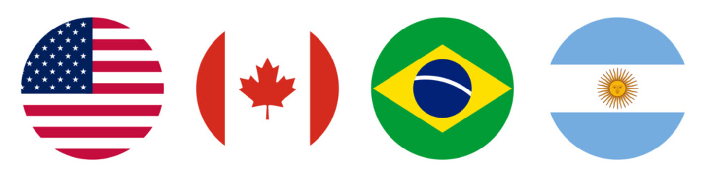 USA Canada Brazil Argentina Circle Flag Icons in Flat Vector Style