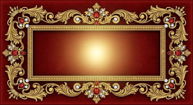 Ornate golden frame with intricate baroque carvings and embedded red gemstones surrounds a central empty space, providing a luxurious border for formal invitations, event menus, or elegant.