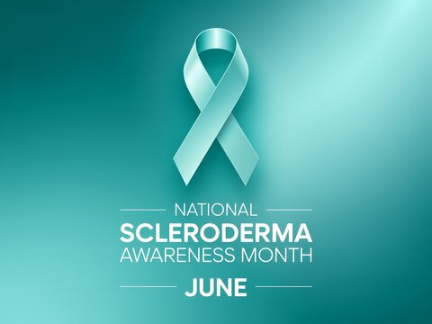 National scleroderma awareness month banner with teal ribbon on teal background, june