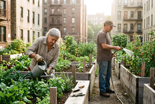 Two people tending vegetables in rooftop garden between city buildings .generative AI