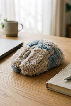 Knitted baby bonnet resting on wooden table beside notebook .generative AI
