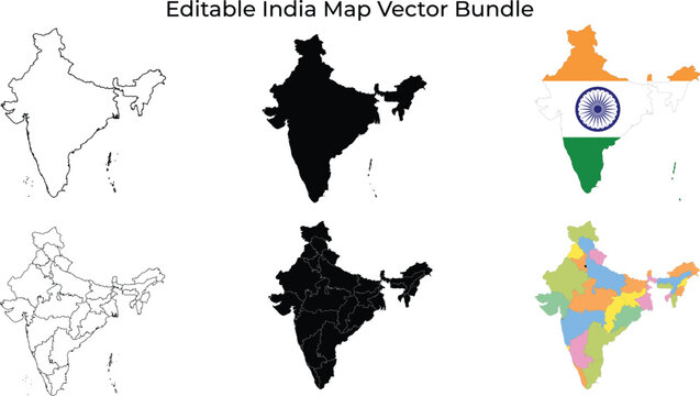 India map bundle: outline, silhouette, flag, and states
