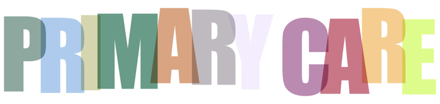 Bold colorful translucent letters spelling out primary care isolated on transparent background