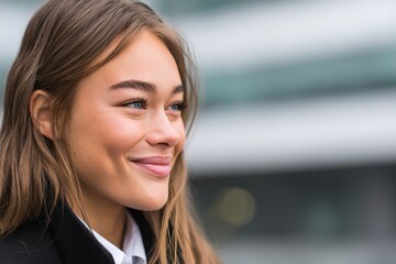 Obraz premium A young professional woman smiling outside a modern building
