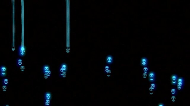 Bright glowing pixel art style human skull symbols moving up on dark screen