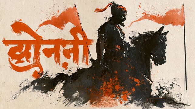 Marathi calligraphy honors Maharashtra Day. Chhatrapati Shivaji Maharaj's silhouette and the saffron flag are shown.