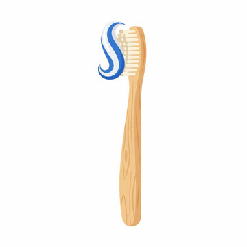 Eco friendly bamboo toothbrush with blue and white toothpaste swirl.