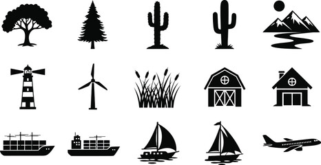 Fototapeta premium Collection of silhouette icons featuring nature transportation and buildings