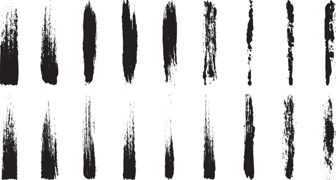 Set of 20 vertical rough grunge texture brushes, ink brush stroke, distressed lines, black paint strokes on transparent background, vector illustration.