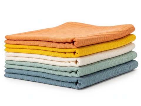 Stack of folded soft cotton muslin baby blankets in various pastel colors on a white background