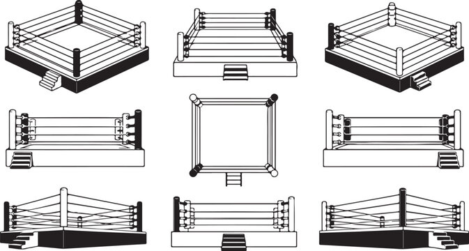 Set of boxing rings in different angles and perspectives for sport design