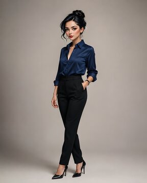 stylish woman in navy blouse black pants on minimalist gray backdrop