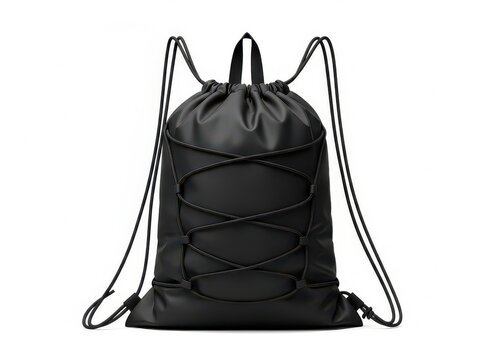 Black drawstring backpack made of synthetic with a decorative cord on the front