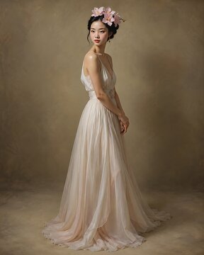elegant woman in flowing white gown on warm neutral studio backdrop