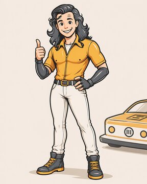 female auto mechanic illustration with yellow shirt beside car outline