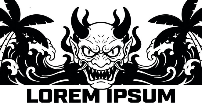 Black and white illustration of a japanese oni mask with palm trees and waves