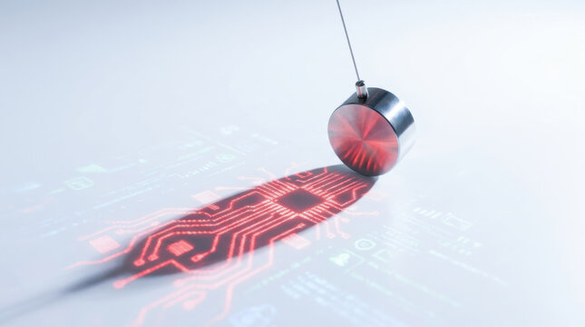 Artificial intelligence and cybersecurity strategy concept with futuristic circuit board shadow from metallic pendulum