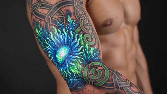 Man's arm with vibrant glowing blue and green tattoo