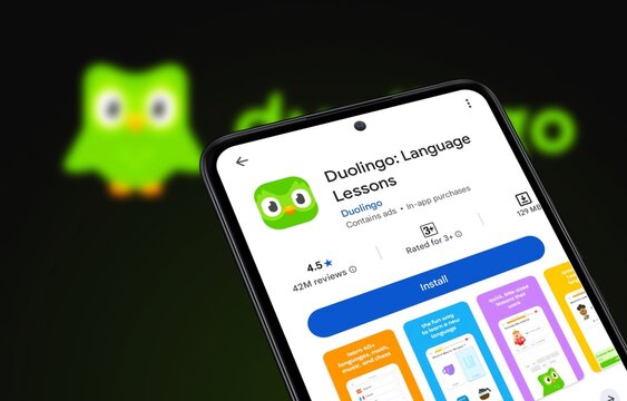  Duolingo app install for Android smartphones. Duolingo app is seen on the Google Play Store. Duolingo is an US educational tech company which produces learning app	