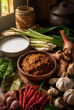 Traditional spice paste bowl with chilies and aromatics on banana leaf .generative AI