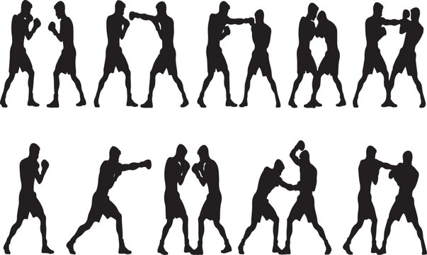 Set of black silhouettes showing two boxers fighting and sparring with various punching and defensive poses in a professional boxing match competition