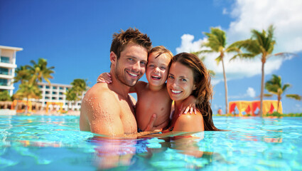 Fototapeta premium Happy family enjoying swimming pool vacation, tropical resort, bright sunny day, travel promotions, holiday advertising, leisure lifestyle, tourism marketing, family bonding, summer relaxation
