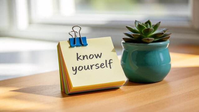 Note pad with know yourself text and plant