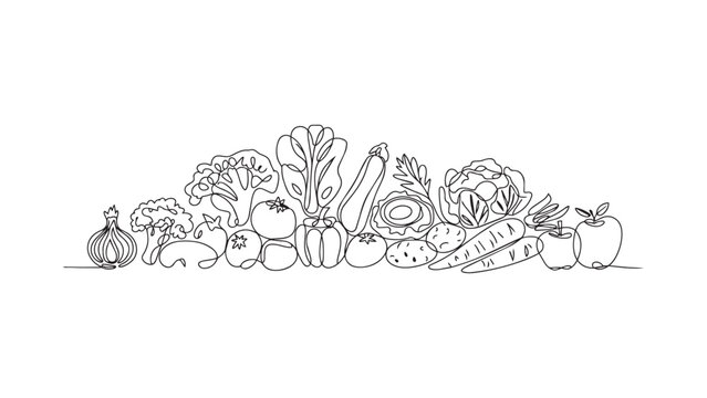 Continuous line drawing of assorted fresh vegetables and fruits arranged horizontally.