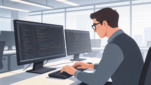 Person coding at office desk