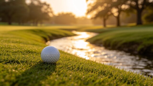 Golf ball on grass near water at sunset