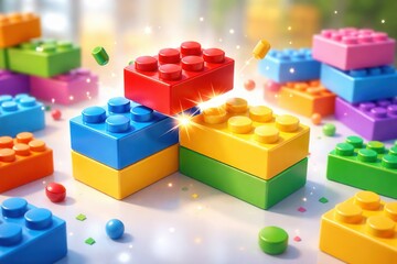 Naklejka premium Colorful plastic building blocks stacking together creative play concept bright toy construction scene