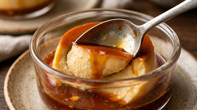Delicious caramel custard pudding served in a glass bowl with a spoon taking a bite, close-up studio shot