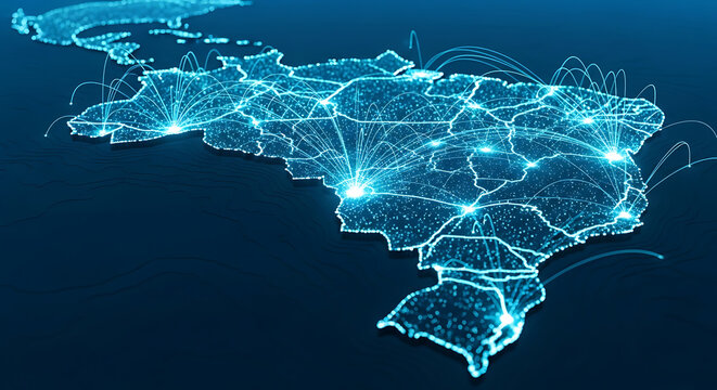 3D Map of Brazil Featuring Vibrant Digital Network Connections with Glowing Blue Data Nodes and Interconnected Lines Illustrating Global Communication Infrastructure and Technological Advancement