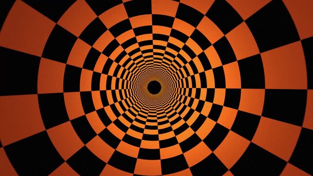 Hypnotic orange and black checkered spiral tunnel abstract dynamic background motion art