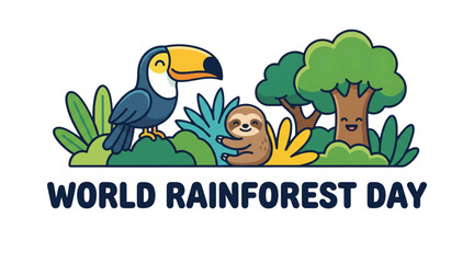Fototapeta premium World Rainforest Day vector illustration with tropical wildlife, toucan bird, sloth animal, jungle trees, rainforest ecosystem and environmental conservation awareness design