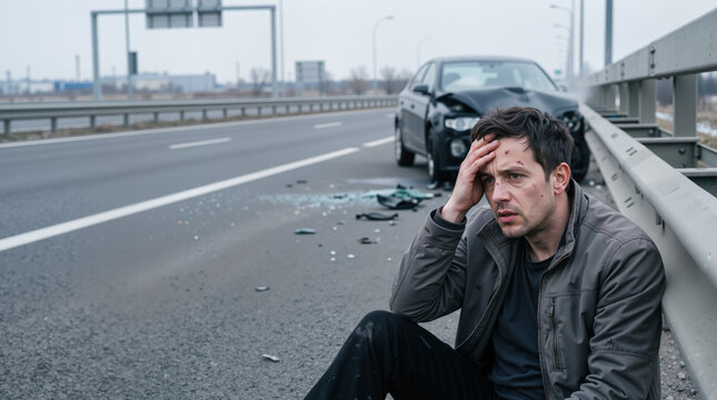 Stressed man sitting on roadside after car accident. Driver in shock near damaged vehicle. Highway emergency concept with copy space