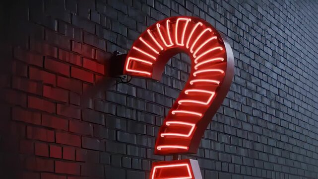 Pulling back camera revealing red neon question mark glowing, casting glow on brick, with bracket