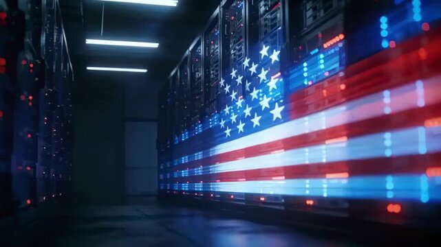 LED panels starting animation, animating right racks pulsing US flag over shiny floor, copy space
