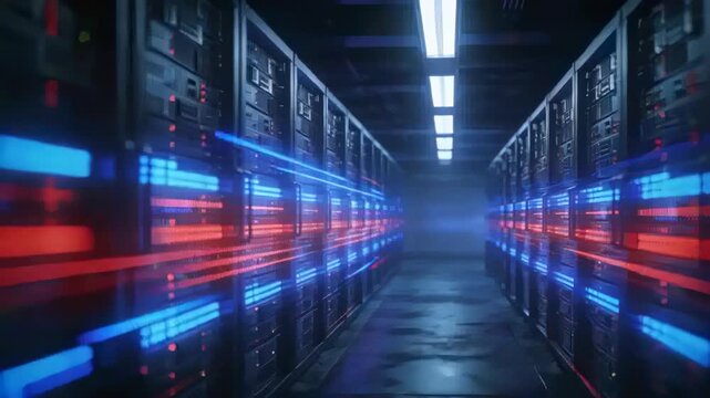 LED bars activating server-room aisle, sweeping blue-red streaks over panels suggesting data flow