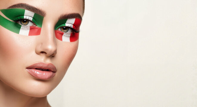 Woman with patriotic Italian flag-inspired eye makeup for Republic Day celebration for advertising social media banner website marketing and commercial editorial use