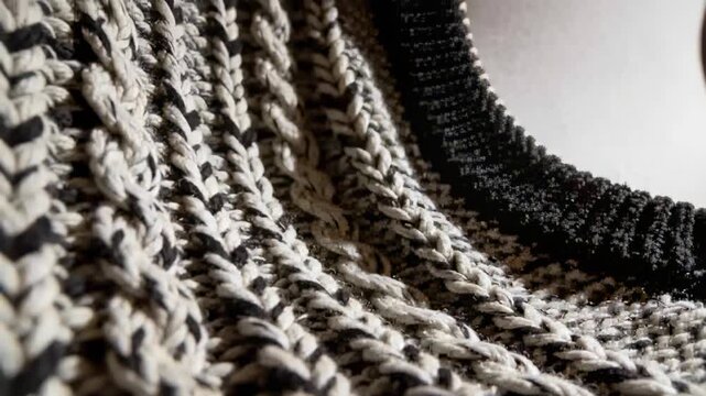 Shifting lens revealing black-cream braided knit moving right on pale table showing ribbed collar