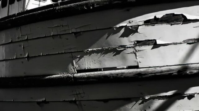 Shifting view revealing top-to-bottom hull at dock, exposing peeling paint, battens and nails