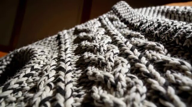 Panning camera revealing b and w knit coming into focus on sofa, showing braided cables and ribbed e
