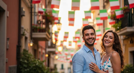 Happy couple smiling while embracing during Italian Republic Day celebration with festive flags for advertising social media banner website marketing and commercial editorial use